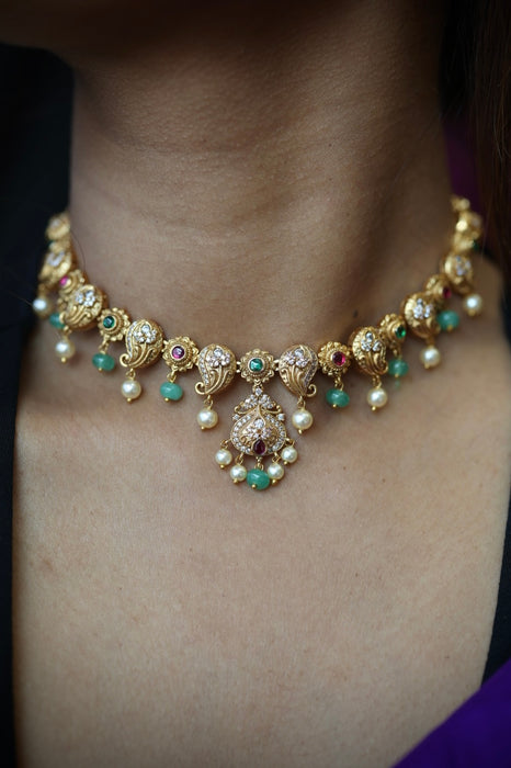 Antique green stone stone choker short necklace with earrings TTS46022