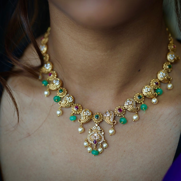Antique green stone stone choker short necklace with earrings TTS46022