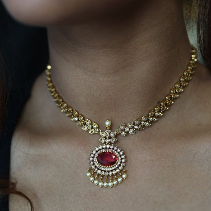 Antique ruby white stone short necklace with earrings TTS4366