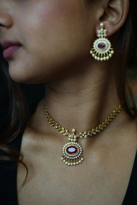 Antique ruby white stone short necklace with earrings TTS4366