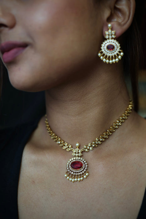 Antique ruby white stone short necklace with earrings TTS4366