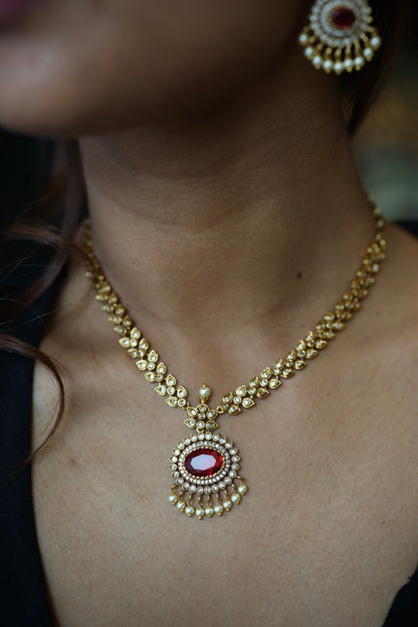 Antique ruby white stone short necklace with earrings TTS4366