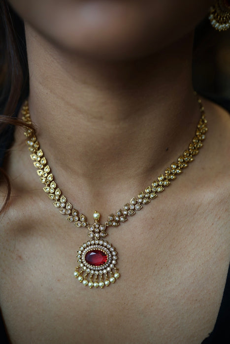 Antique ruby white stone short necklace with earrings TTS4366