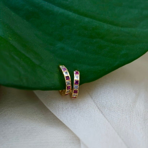 Heritage gold plated ruby white stone hoop earrings HD2102
