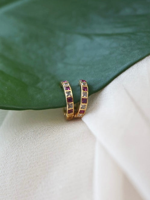 Heritage gold plated ruby white stone hoop earrings HD2102