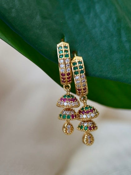Heritage gold plated ruby green white stone hoop earrings HD291