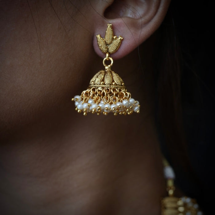 Antique gold stone and pearl short necklace and earrings SS12020