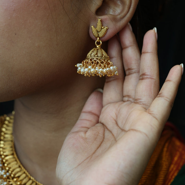 Antique gold stone and pearl short necklace and earrings SS12020