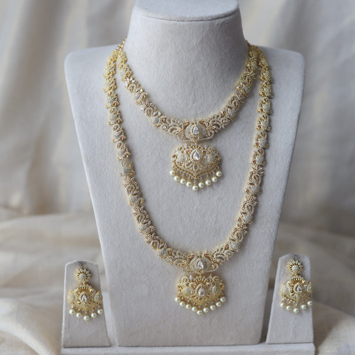 Heritage gold plated white stone long and short necklace set with earrings  HLS754