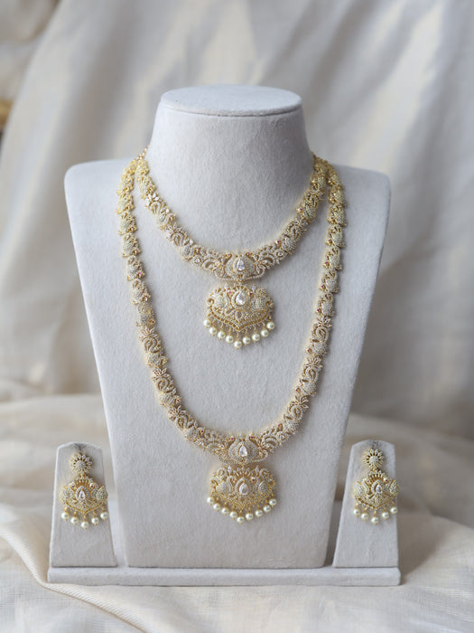 Heritage gold plated white stone long and short necklace set with earrings  HLS754