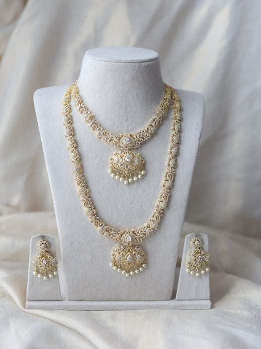Heritage gold plated white stone long and short necklace set with earrings  HLS754