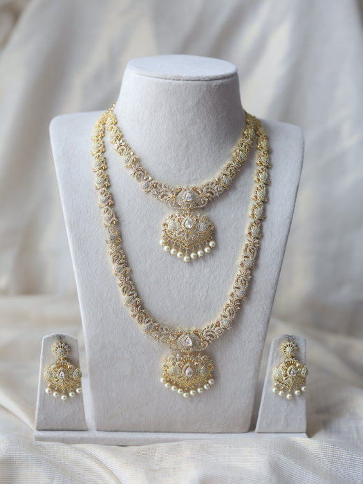 Heritage gold plated white stone long and short necklace set with earrings  HLS754