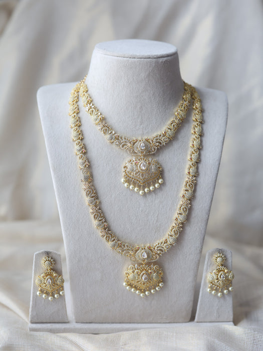 Heritage gold plated white stone long and short necklace set with earrings  HLS754