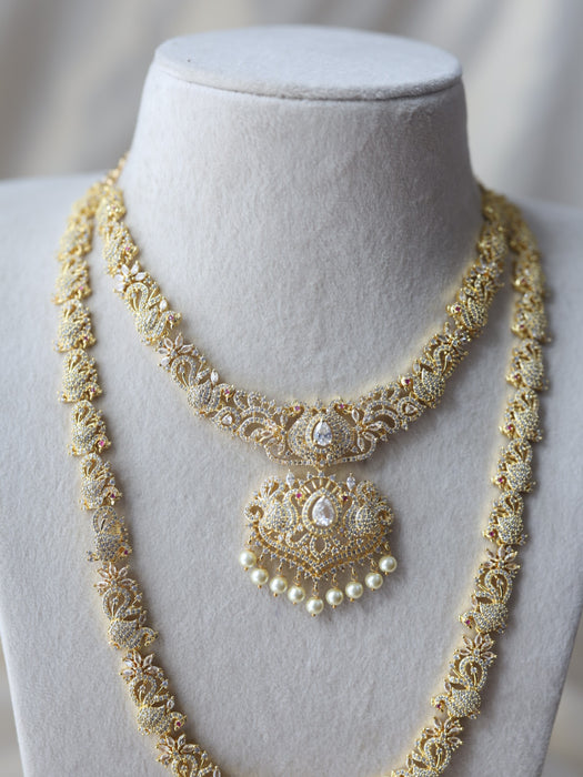 Heritage gold plated white stone long and short necklace set with earrings  HLS754