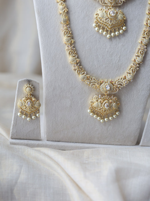 Heritage gold plated white stone long and short necklace set with earrings  HLS754