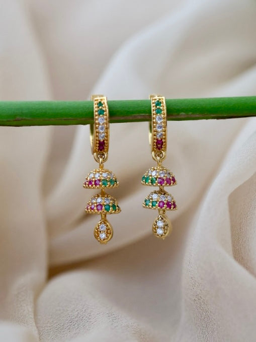 Heritage gold plated ruby green white stone hoop earrings HD362