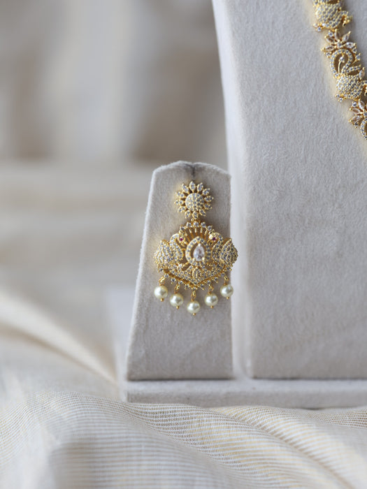 Heritage gold plated white stone long and short necklace set with earrings  HLS754
