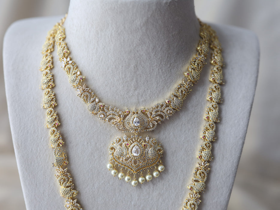 Heritage gold plated white stone long and short necklace set with earrings  HLS754