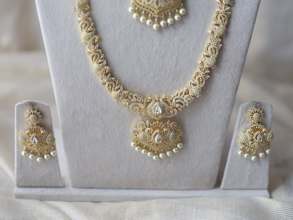 Heritage gold plated white stone long and short necklace set with earrings  HLS754
