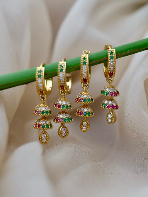 Heritage gold plated ruby green white stone hoop earrings HD362