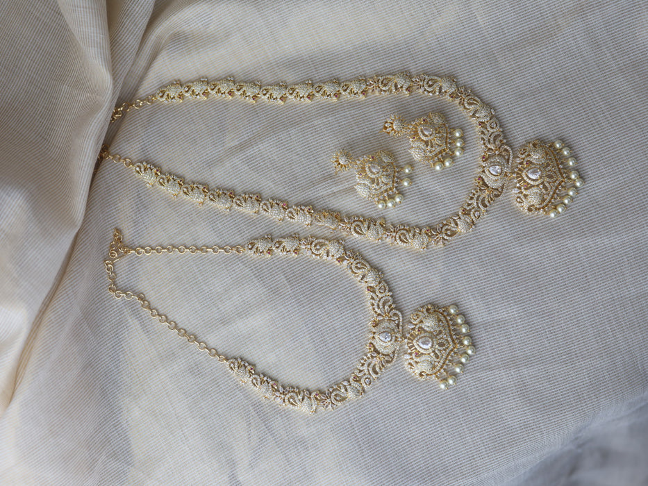 Heritage gold plated white stone long and short necklace set with earrings  HLS754