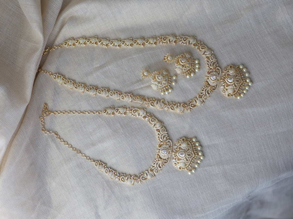 Heritage gold plated white stone long and short necklace set with earrings  HLS754