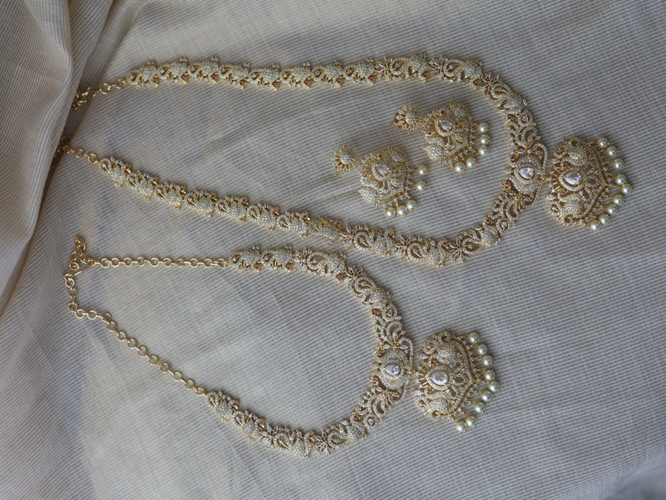 Heritage gold plated white stone long and short necklace set with earrings  HLS754