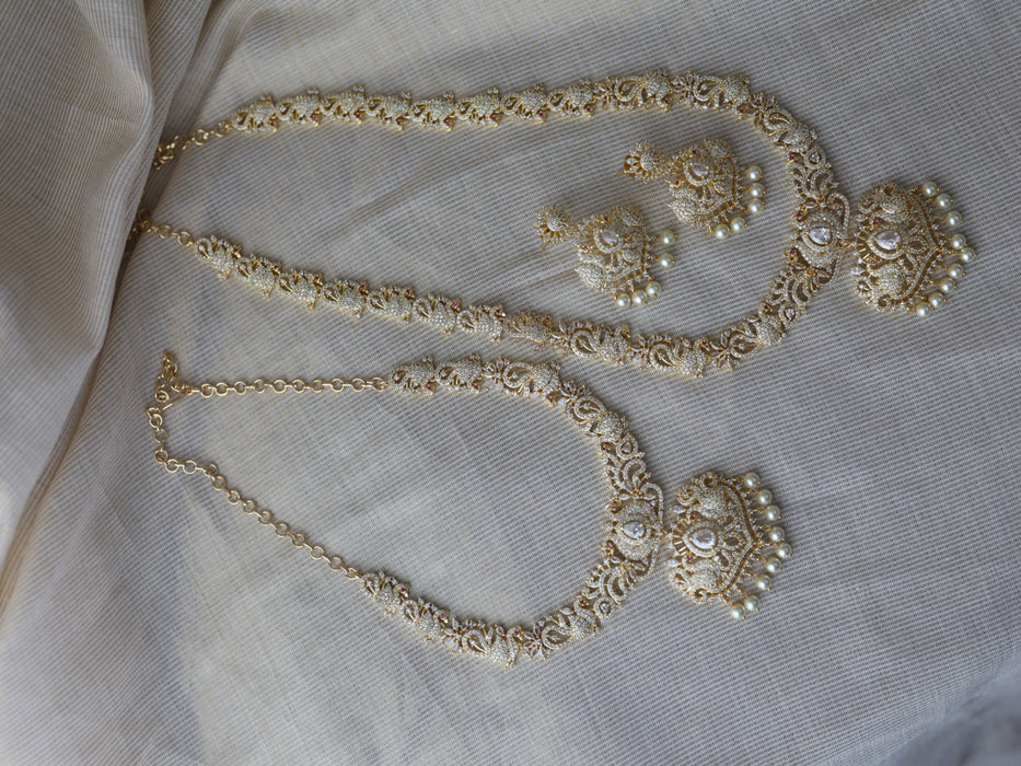 Heritage gold plated white stone long and short necklace set with earrings  HLS754