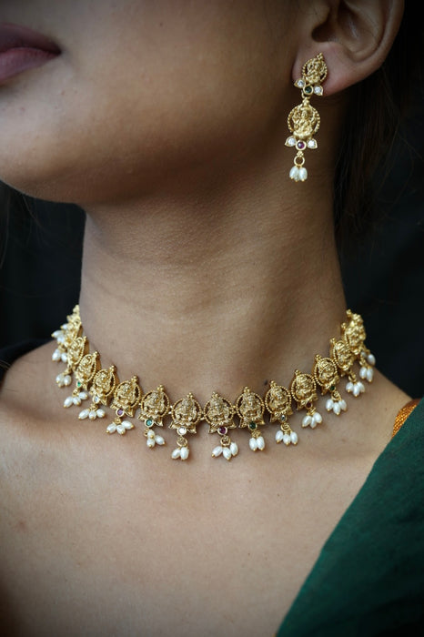 Antique pearl short necklace and earrings TTS4370