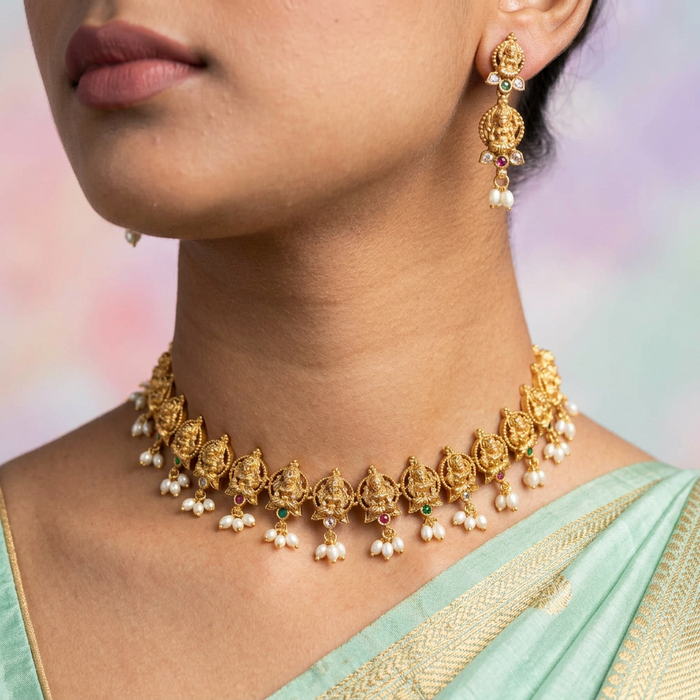 Antique pearl short necklace and earrings TTS4370