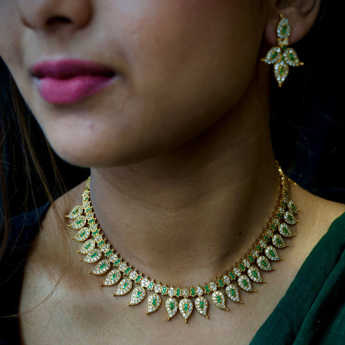 Antique white and green stone mango necklace with earrings SS12253