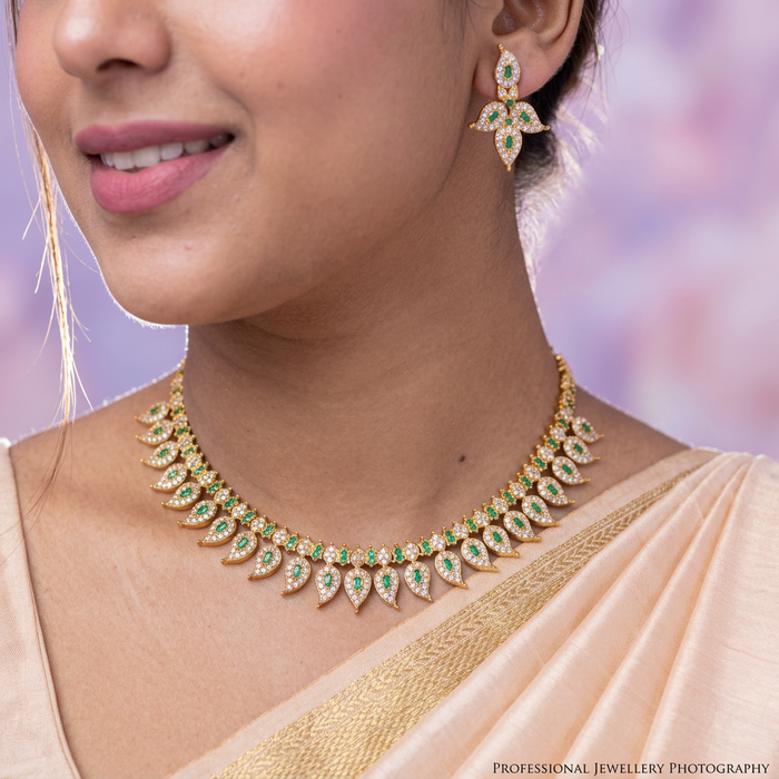 Antique white and green stone mango necklace with earrings SS12253