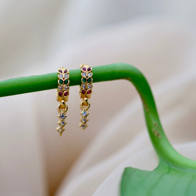 Heritage gold plated ruby green white stone hoop earrings HD110
