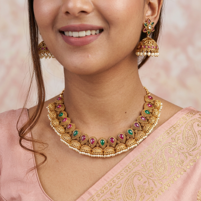 Antique temple short necklace with earrings SS11069