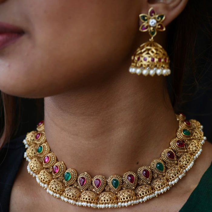 Antique temple short necklace with earrings SS11069