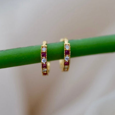 Heritage gold plated ruby white stone hoop earrings HD6874