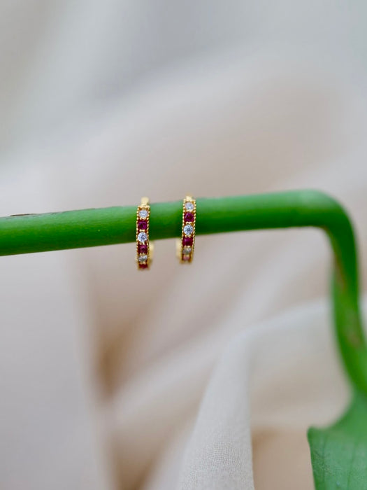 Heritage gold plated ruby white stone hoop earrings HD6874