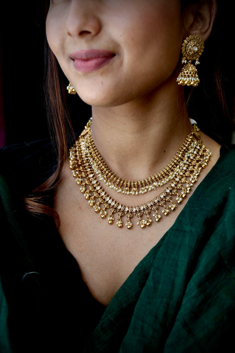 Antique white stone layer short necklace with earrings SS113451
