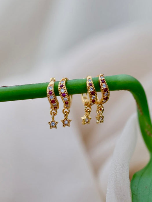 Heritage gold plated ruby white stone hoop earrings HD6745