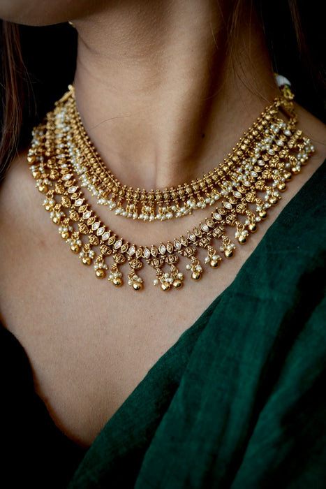 Antique white stone layer short necklace with earrings SS113451