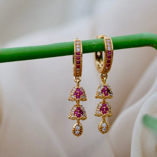 Heritage gold plated ruby white stone hoop earrings HD5182