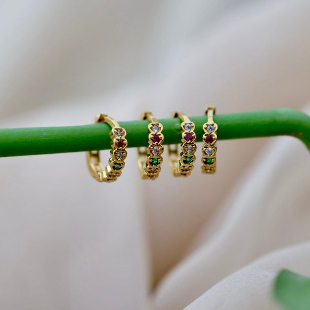 Heritage gold plated ruby green white stone hoop earrings HD188