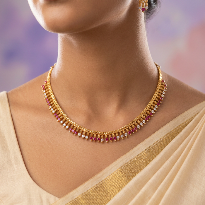 Heritage gold plated ruby white stone mango short necklace H453