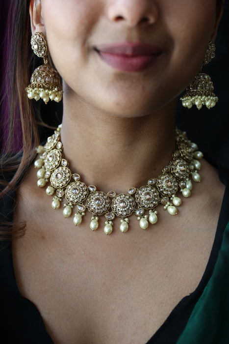 Trendy white bead choker necklace with earrings and tikka TW002