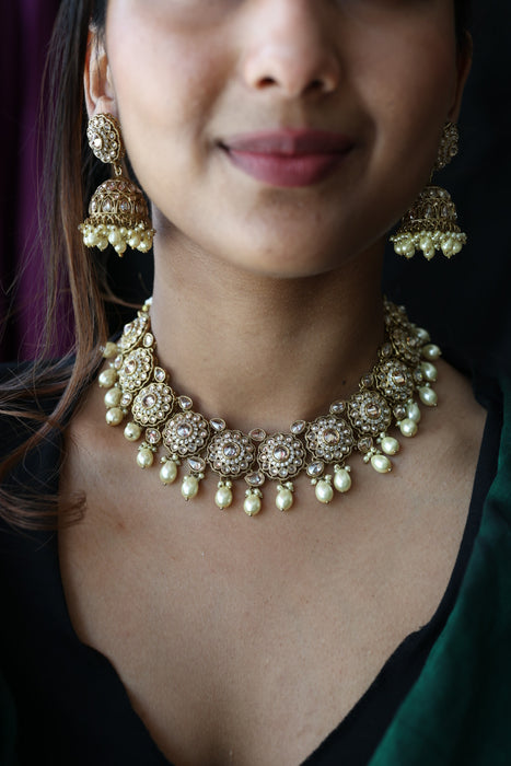 Trendy white bead choker necklace with earrings and tikka TW002