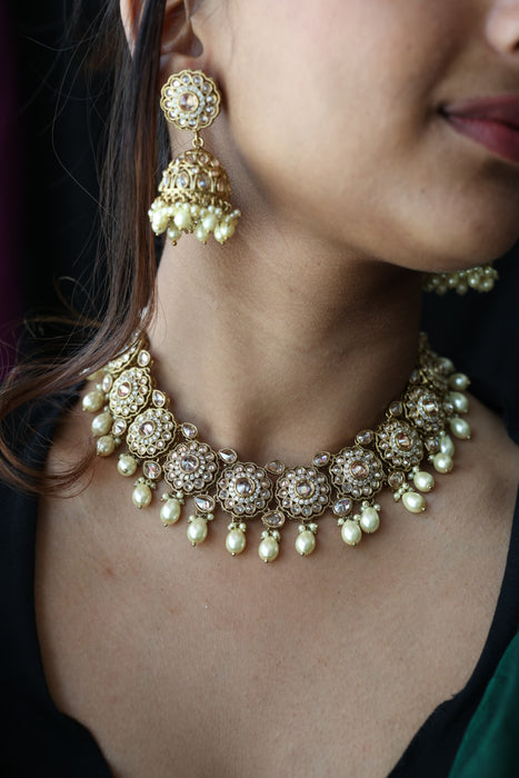 Trendy white bead choker necklace with earrings and tikka TW002