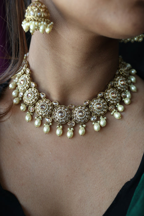 Trendy white bead choker necklace with earrings and tikka TW002