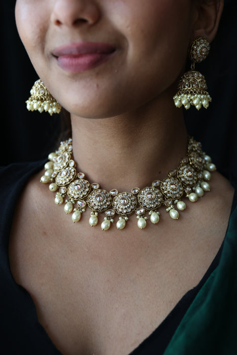 Trendy white bead choker necklace with earrings and tikka TW002