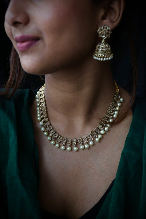 Trendy white pearls necklace with earrings and tikka TW310