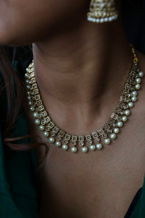 Trendy white pearls necklace with earrings and tikka TW310